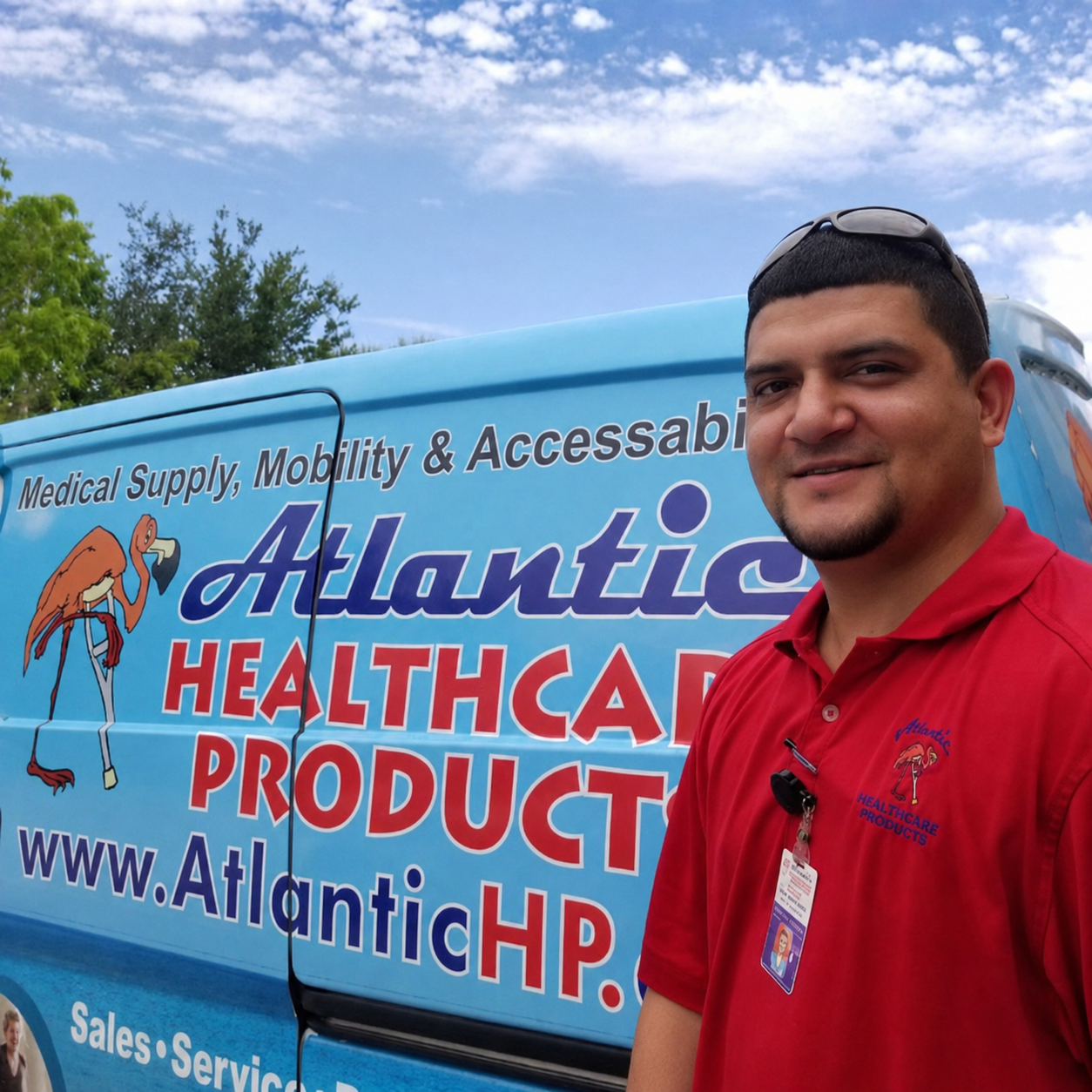 Atlantic Healthcare Products grab bar installer in front of branded service van
